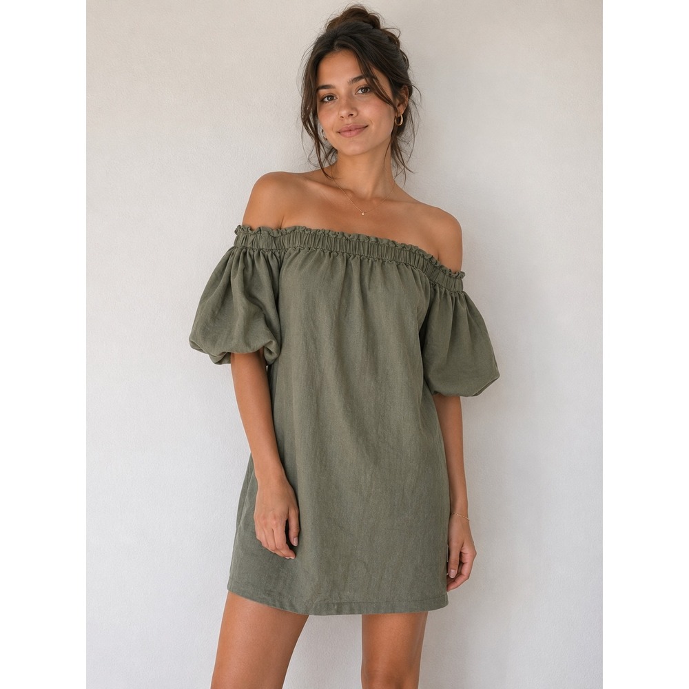 American Eagle Off Shoulder Peasant Mini Dress XS Olive Lyocell Puff Sleeve Boho